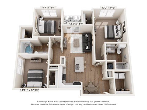 Floor plan for 3 beds, 2 baths, 1267 sqft